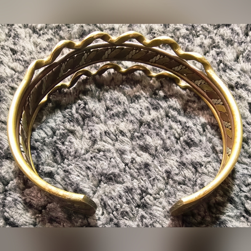 Vintage Mixed Metal Cuff Bracelet Boho Southwestern Brass Copper Layered Artisan - Picture 4 of 8